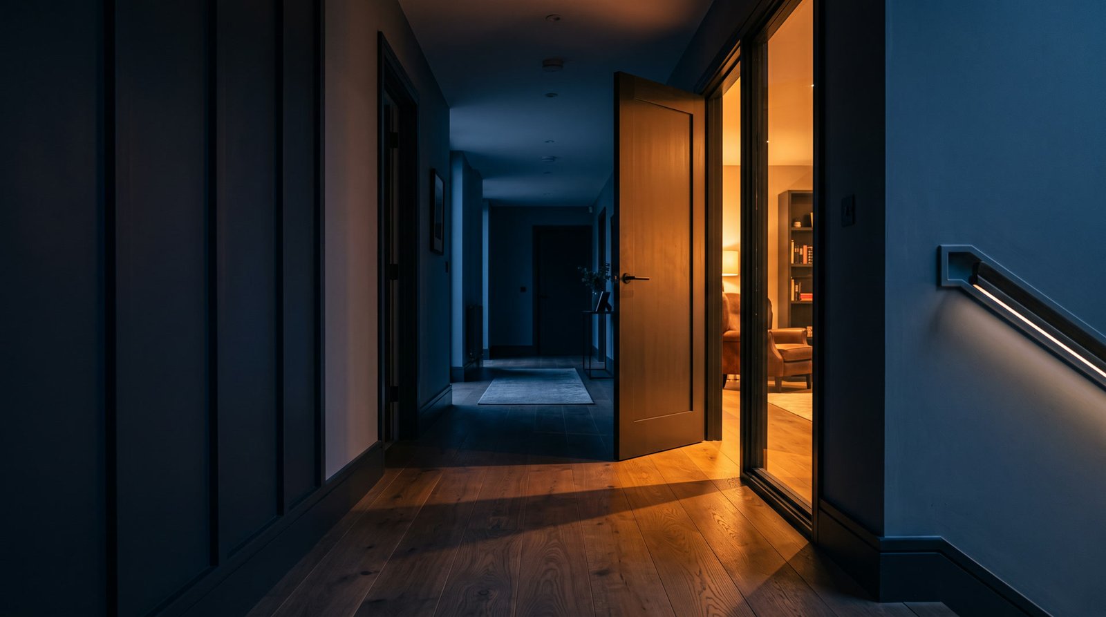 Warm light spilling from a doorway into a dusk hallway