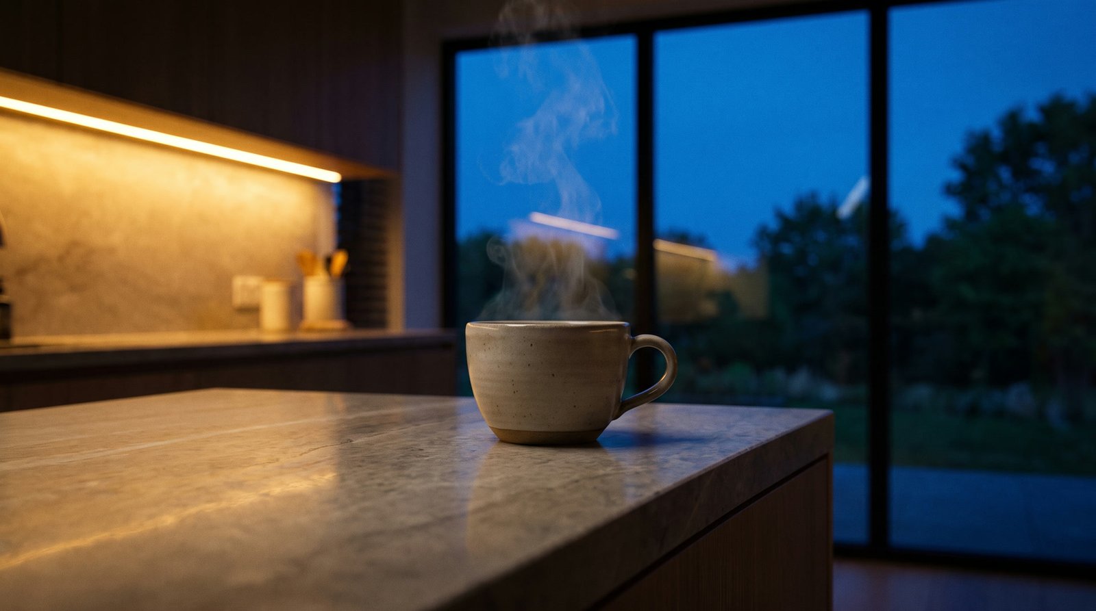 Steam rising from a coffee cup by a dusk window